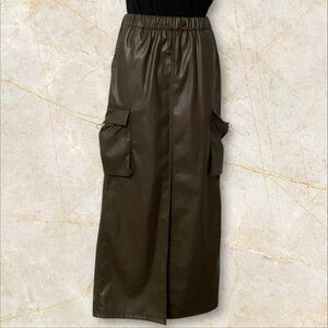 Curated PU Brown Leather Maxi Skirt SZ S Pockets Slit Boho Hippie Women Retro